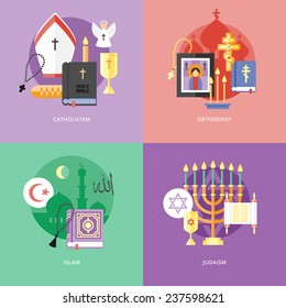 Set of flat design concept icons for religions and confessions. Icons for catholicism, orthodoxy, islam, judaism.