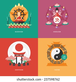 Set of flat design concept icons for religions and confessions. Icons for buddhism, hinduism, shintoism, taoism.