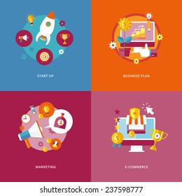 Set of flat design concept icons for marketing. Icon for start up, business plan, marketing and e-commerce.