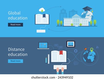 Set of flat design concept icons for distance and global education.