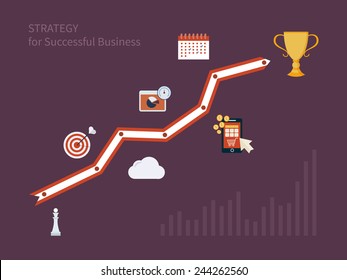 Set of flat design concept icons for strategic planning and strategy for successful business. Illustration includes icons for goal marketing, emerging market, mobile services and marketing research.