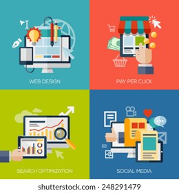 Set of flat design concept icons for web and mobile services and apps. Icons for web design, seo, social media and pay per click internet advertising.