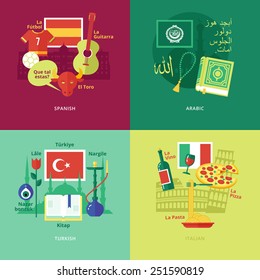 Set of flat design concept icons for foreign languages. Icons for Spanish, Arabic, Turkish, Italian.