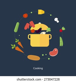 Set of flat design concept icons for food and restaurant. Icons for cooking, fruits and vegetables, vegetarian food.