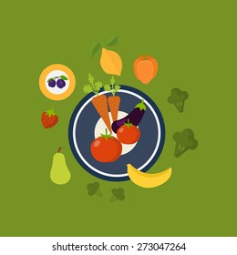 Set of flat design concept icons for food and restaurant. Icons for cooking, fruits and vegetables, vegetarian food.