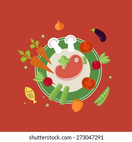 Set of flat design concept icons for food and restaurant. Icons for cooking, fruits and vegetables, vegetarian food.