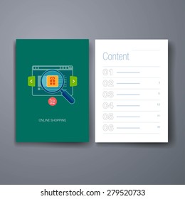 Set of flat design concept icons for online shopping. Icons for online shop, add to bag, browse goods, products in web shop. Search online shop.