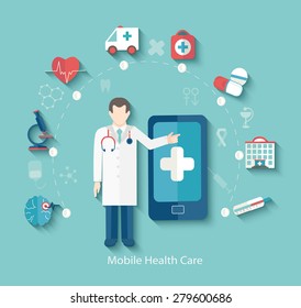 Set of flat design concept icons for web and mobile phone. Medical concept, infographic in flat style with doctor, vector.