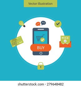 Set of flat design concept icons for web and mobile phone services and apps. Icons for mobile marketing and security online shopping