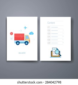 Set of flat design concept icons for online shopping and purchase delivery. Lorry or truck over world map. Templates. Mobile, Technology, and Infographic Concept. Modern flat and line icons. 