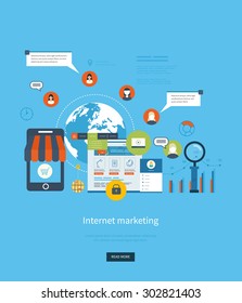 Set of flat design concept icons for web and mobile phone services and apps. Icons for internet marketing, online shopping, project management, team work, consulting and development