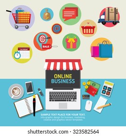 Set of flat design concept icons for online shopping. Icons for online shop, add to bag, payment methods and delivery.
