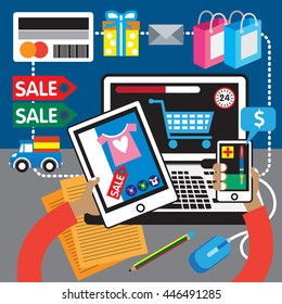 Set of flat design concept icons for online shopping. Icons for online shop, add to bag, payment methods, Notebook, table, shopping bags and credit cards and delivery. Online shopping concept.