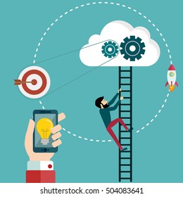 Set of flat design concept icons for web and mobile services. Icons for web design, seo, social media, shopping, paying, sending and receiving. businessman climbing ladder.