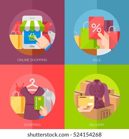 Set of flat design concept icons for online shopping. Icons for online shop, sale, shopping, delivery.