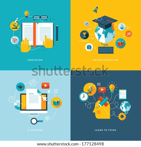 Set of flat design concept icons for web and mobile services and apps. Icons for education, online education, online learning, learn to think.