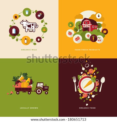 Set of flat design concept icons for organic food and drink. Icons for organic milk, farm  fresh products, locally grown and organic  food.