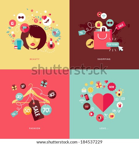 Set of flat design concept icons for beauty and shopping. Icons for beauty, shopping, fashion and love concept.