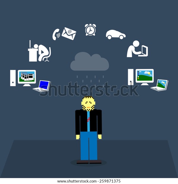 Set of flat\
design concept icons for web and it services on blue background\
with an IT specialist pixel\
figure