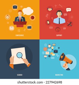 set of flat design concept illustrations with icons. business conference, support customer service, marketing and search