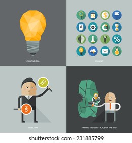 Conjunto de imágenes de concepto de diseño plano para infografías, negocios, web, buena idea, mapeo y conjunto de iconos