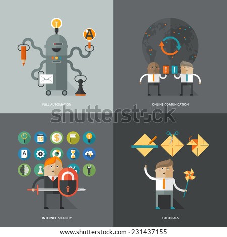 Set of flat design concept images for infographics, business, web, ai, mobile marketing, online comunication, internet securuty, tutorials, education