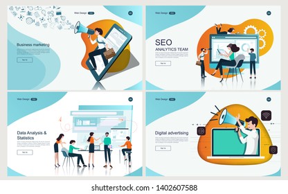 Conjunto de diseño plano de marketing concepto para banner y sitio web, plantilla de página de inicio. Estrategia y administración de contenido, análisis, desarrollo Ilustración vectorial. 