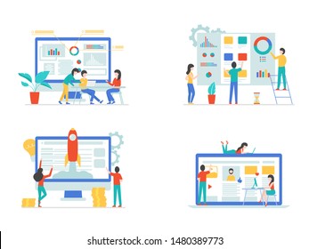 Set of flat design concept marketing for banner and website, landing page template. Content analysis and statistics, project management, start up business and social media marketing pages.