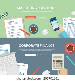 Set of flat design concept for marketing solutions and corporate finance. Concepts for marketing strategy, research and planning, corporate consulting, business management, financial planning.