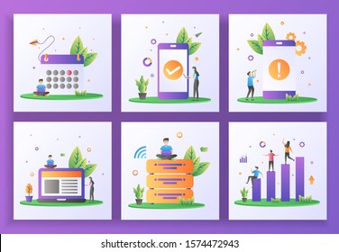 Set of flat design concept. Schedule, Application Check, Application Error, Management, Big data, Data analysis. Suitable for web landing page, ui, mobile app, banner template. Vector Illustration