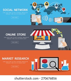 Set of flat design concept for Social network, Online Store, Market Research, Print Templates, Presentation Templates, Promotional Materials