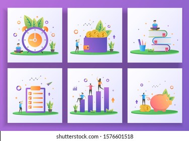 Set of flat design concept. Time management, Earn money, Education, Job list, Investment, Saving money. Can use for web landing page, ui, mobile app, banner template. Vector Illustration