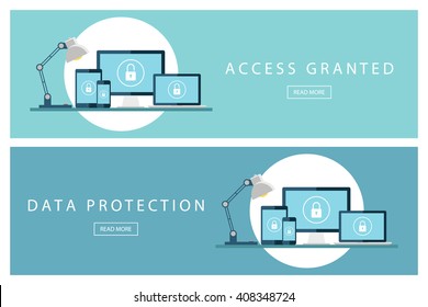 Set of flat design concepts Access granted and Data protection. Banners for web design, marketing and promotion. Presentation templates. Vector illustration.