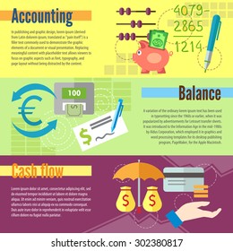 Set of flat design concepts of accounting, balance and cash flow on colored background