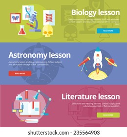 Set of flat design concepts for biology, astronomy, literature lessons. Concepts for web banners and print materials.