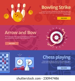 Set of flat design concepts for bowling strike, arrow and bow, chess playing. Concepts for web banners and print materials