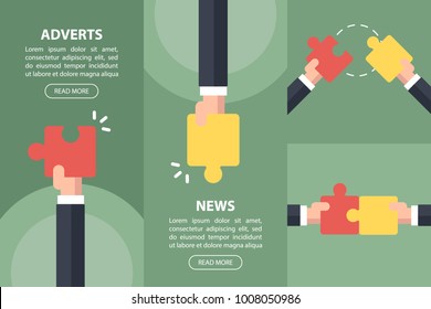 Set of flat design concepts for business news,internet adverts. Two hands collect a puzzle. Concepts for web banners and printed materials.