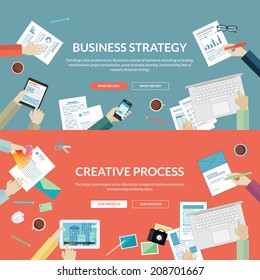 Set Of Flat Design Concepts For Business Strategy And Creative Process. Concepts For Teamwork Consulting On Briefing, Small Business Project Presentation, Planning, Brainstorming And Marketing Ideas.