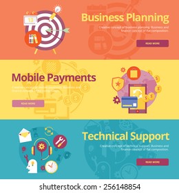 Set of flat design concepts for business planning, mobile payments, technical support. Concepts for web banners and print materials