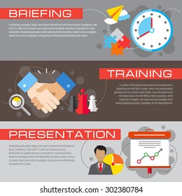 Set of flat design concepts of business public speech, including briefing, training and presentation on colored background