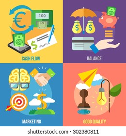 Set of flat design concepts of cash flow, balance, marketing and good quality on colored background