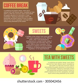 Set of flat design concepts of coffee break, sweets and tea with sweets on colored background