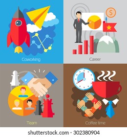 Set of flat design concepts of co-working, career, team and coffee time on colored background