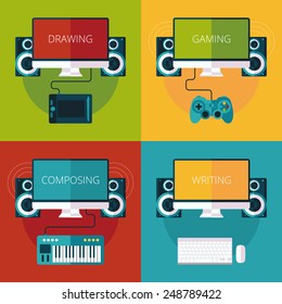set of flat design concepts for drawing, writing, composing and gaming on computer