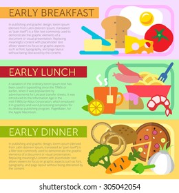 Set of flat design concepts of early meals, including breakfast, lunch and dinner on colored background