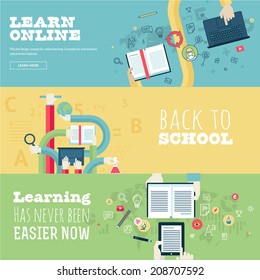 Set of flat design concepts for education, online learning, back to school. Concepts for web banners and print materials.