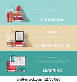 Set of flat design concepts for education, e-book reader, learning. Concepts for web banners and printed materials.