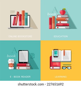 Set of flat design concepts for education, on line bookstore, e-book reader, learning. Concepts for web banners and printed materials.