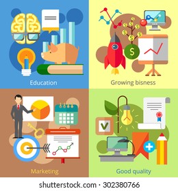 Set of flat design concepts of education, growing business, marketing, good quality on colored background