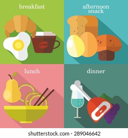 Set Of Flat Design Concepts Of Everyday Meals, Including Breakfast, Afternoon Snack, Lunch, Dinner On Colored Background